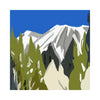 Artistic rendering of a jagged, snowy mountain peak appearing behind a row of green forest trees under a bright blue sky.