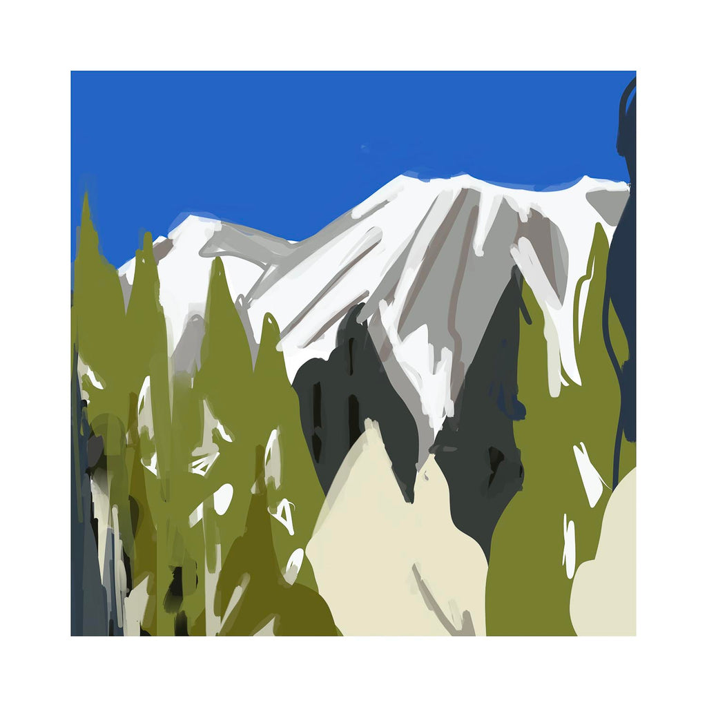 Artistic rendering of a jagged, snowy mountain peak appearing behind a row of green forest trees under a bright blue sky.