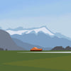 Graphic illustration of a small orange house in a green field with layered blue mountains in the background.