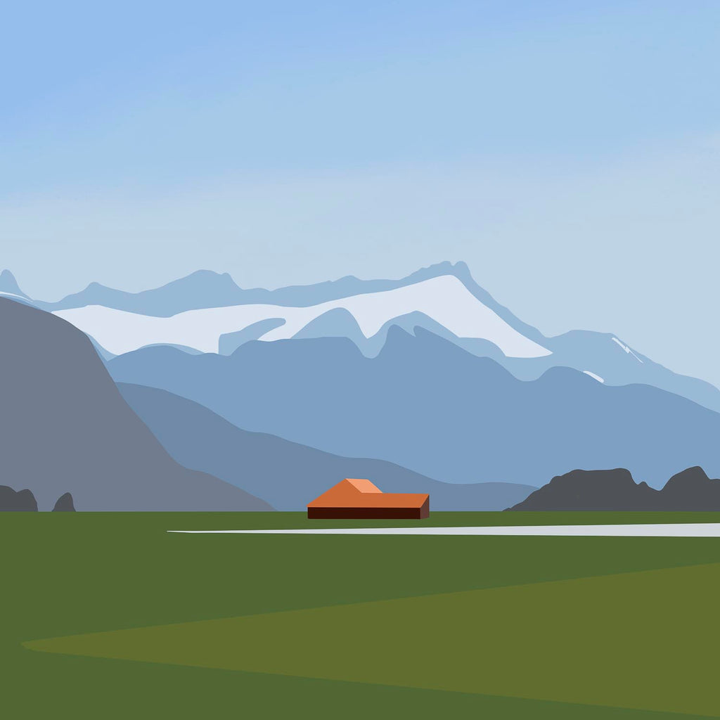 Graphic illustration of a small orange house in a green field with layered blue mountains in the background.