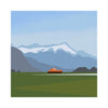 Minimalist mountain landscape illustration with a single orange building in a green field under a clear blue sky.