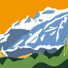 colourful mountain art. A vibrant graphic illustration of the Dents du Midi mountain range with snow-white peaks and blue shadows, set against a striking orange sky and green alpine hills.