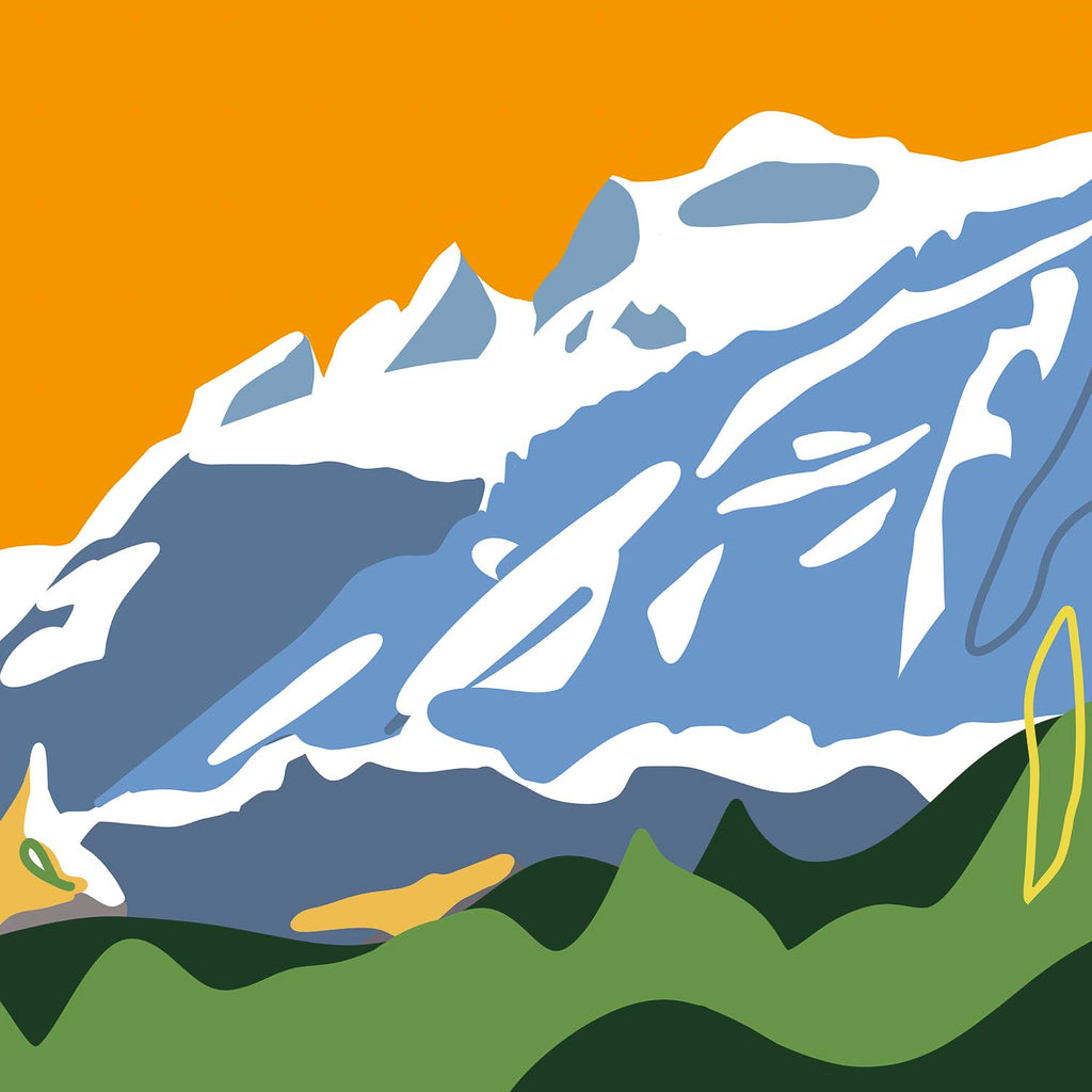 colourful mountain art. A vibrant graphic illustration of the Dents du Midi mountain range with snow-white peaks and blue shadows, set against a striking orange sky and green alpine hills.