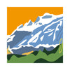 Modern colourful mountain art print featuring a stylized, high-contrast landscape of snowy peaks and rolling green hills under a bright orange sunset, fine art print.