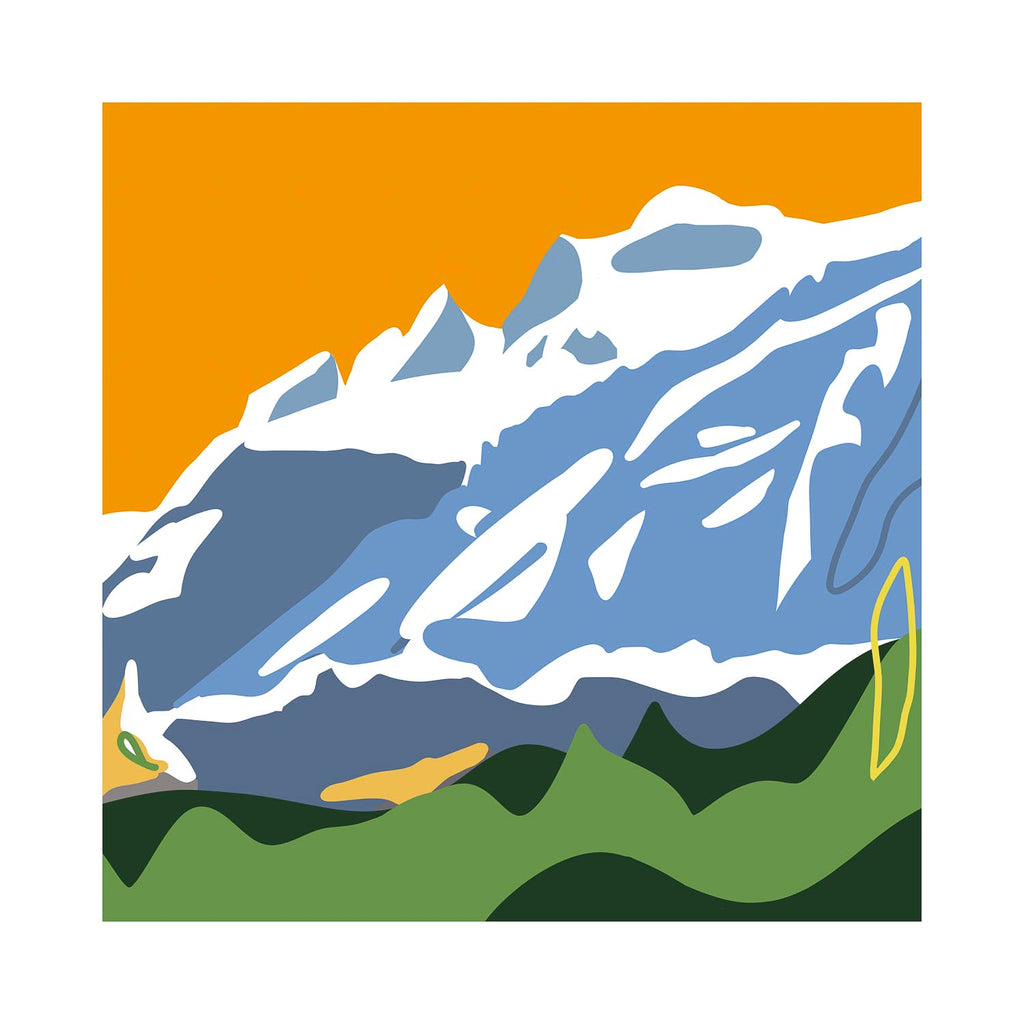 Modern colourful mountain art print featuring a stylized, high-contrast landscape of snowy peaks and rolling green hills under a bright orange sunset, fine art print.