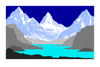Contemporary art print of mountain landscape with snow-capped peaks and a blue lake.