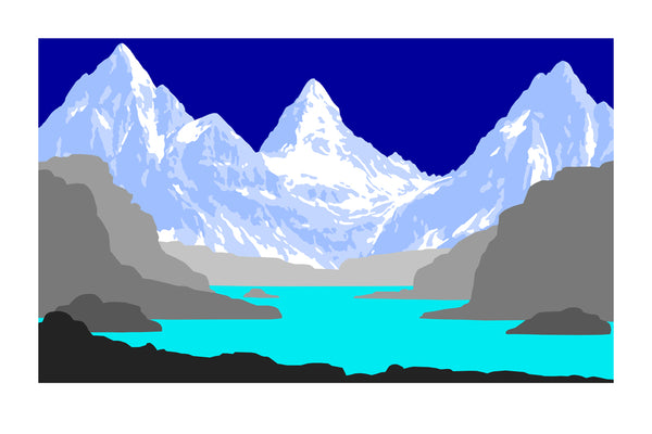 Contemporary art print of mountain landscape with snow-capped peaks and a blue lake.