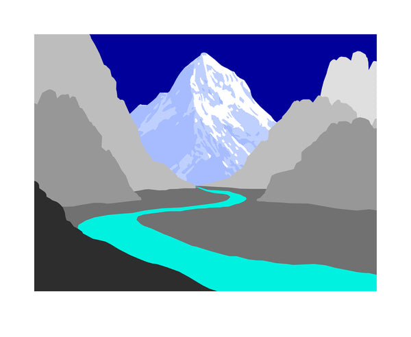 blue and turquoise mountain art print with river and dramatic mountains