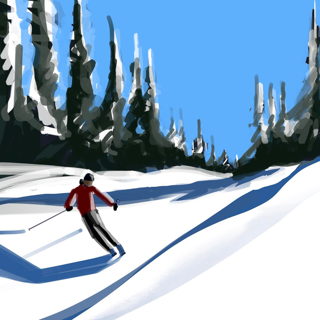 Digital painting fine art print of a skier in a red jacket carving down a snowy mountain slope, bordered by dark evergreen trees under a clear blue sky.
