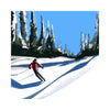 digital painting of Skier in a red jacket descending a snow-covered trail through a pine forest under a bright blue sky, mountain art print