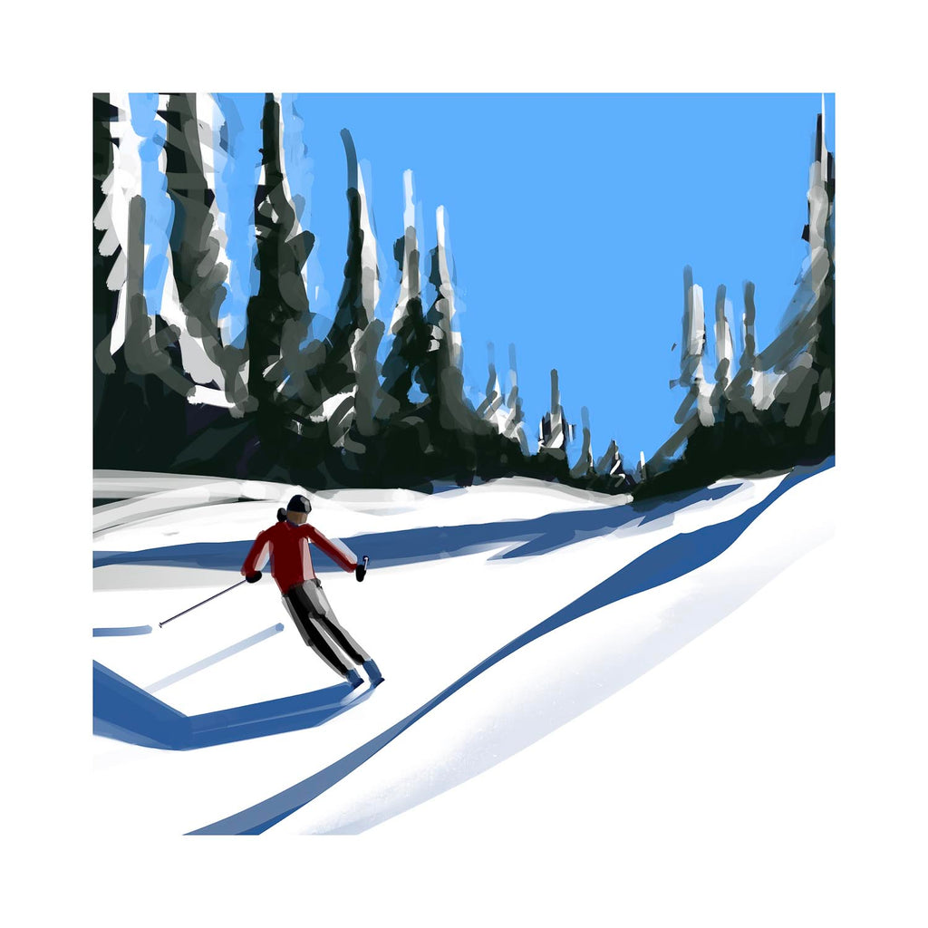 digital painting of Skier in a red jacket descending a snow-covered trail through a pine forest under a bright blue sky, mountain art print