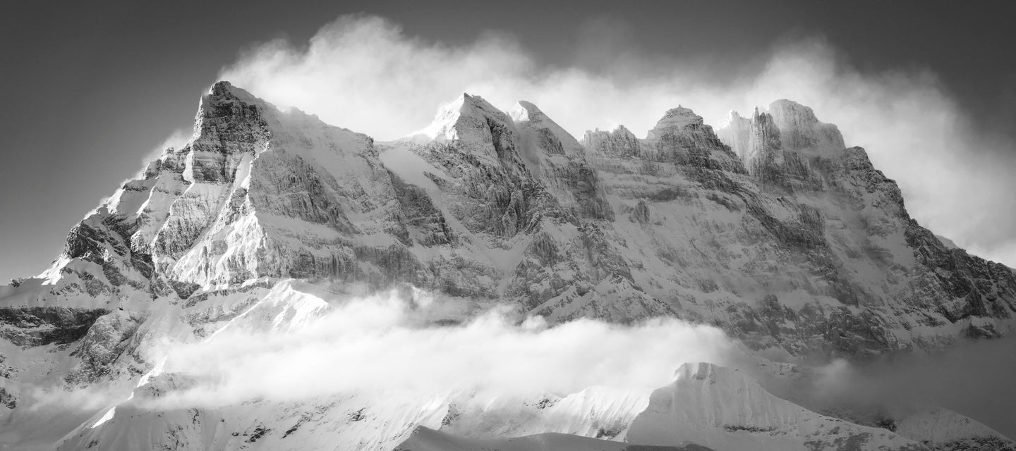 Thomas Crauwels photograph of the Dents du Midi. Black and white photographer for luxury ski chalets. Ski prints, unique contemporary art, ski posters, art for luxury ski resorts. chalet design ideas. interior design for luxury chalets