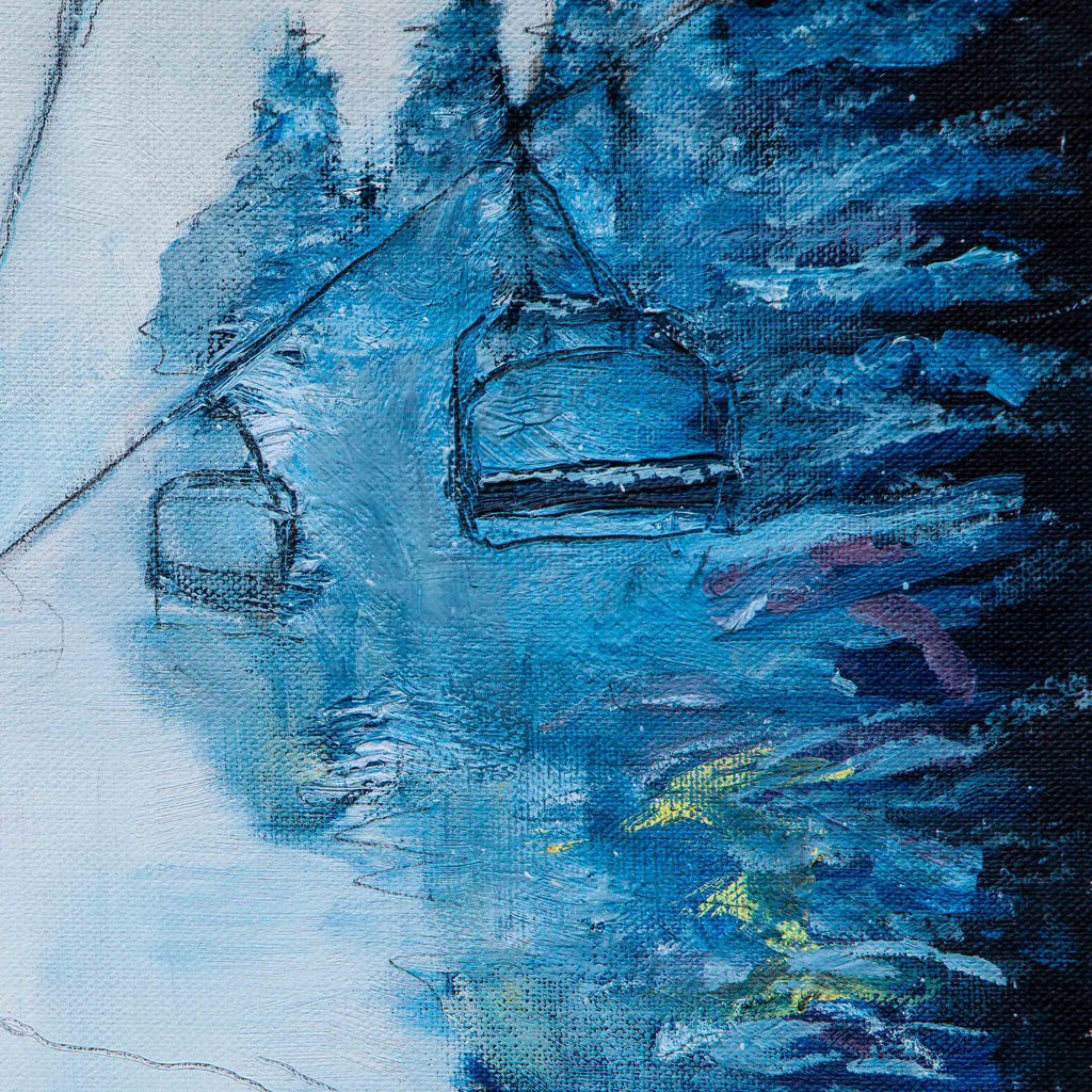 close up of chair lift in a snowy ski resort with pine trees. close up taken from skier painting