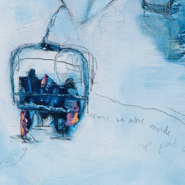 Skier painting of snowy mountain landscape with pine trees and chair lift, impressionist style with words. close up