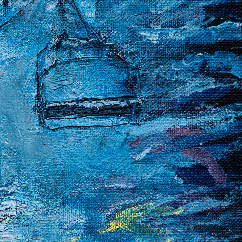 Abstract painting with blue and black tones. chair lift in ski resort. textured closeup of skier painting in oil paint