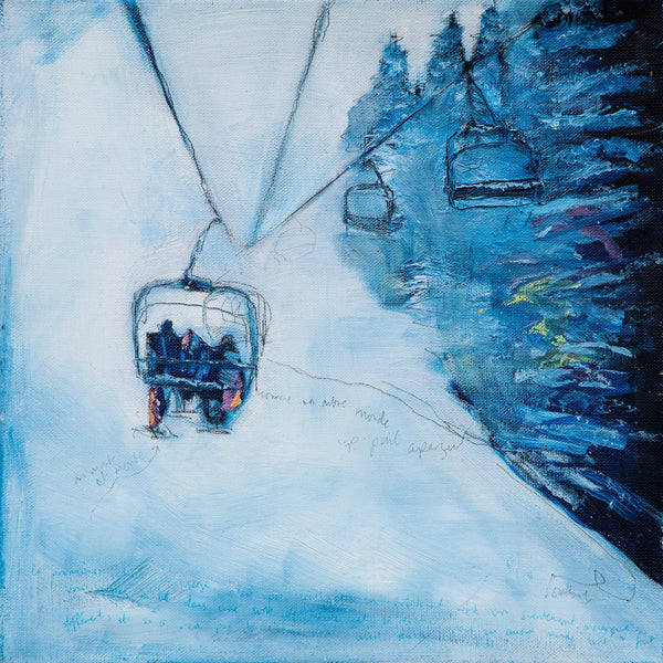 Skier painting of ski lift in a snowy landscape with pine trees, impressionist style with words 