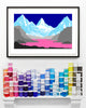 Framed landscape artwork of mountains and a lake with colourful paint cans below on a white mantel piece.