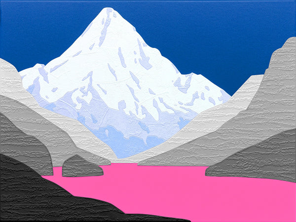 Simplified pink mountain landscape painting with pink lake and blue sky