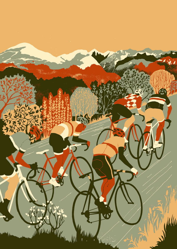 Illustration of cyclists on a mountain road with trees and mountains in the background