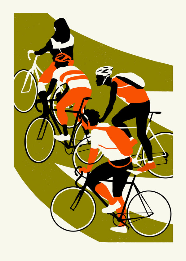 Illustration of four cyclists racing on a green and beige background