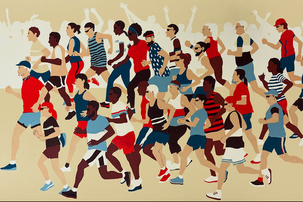 Illustration of a diverse group of runners on a beige background