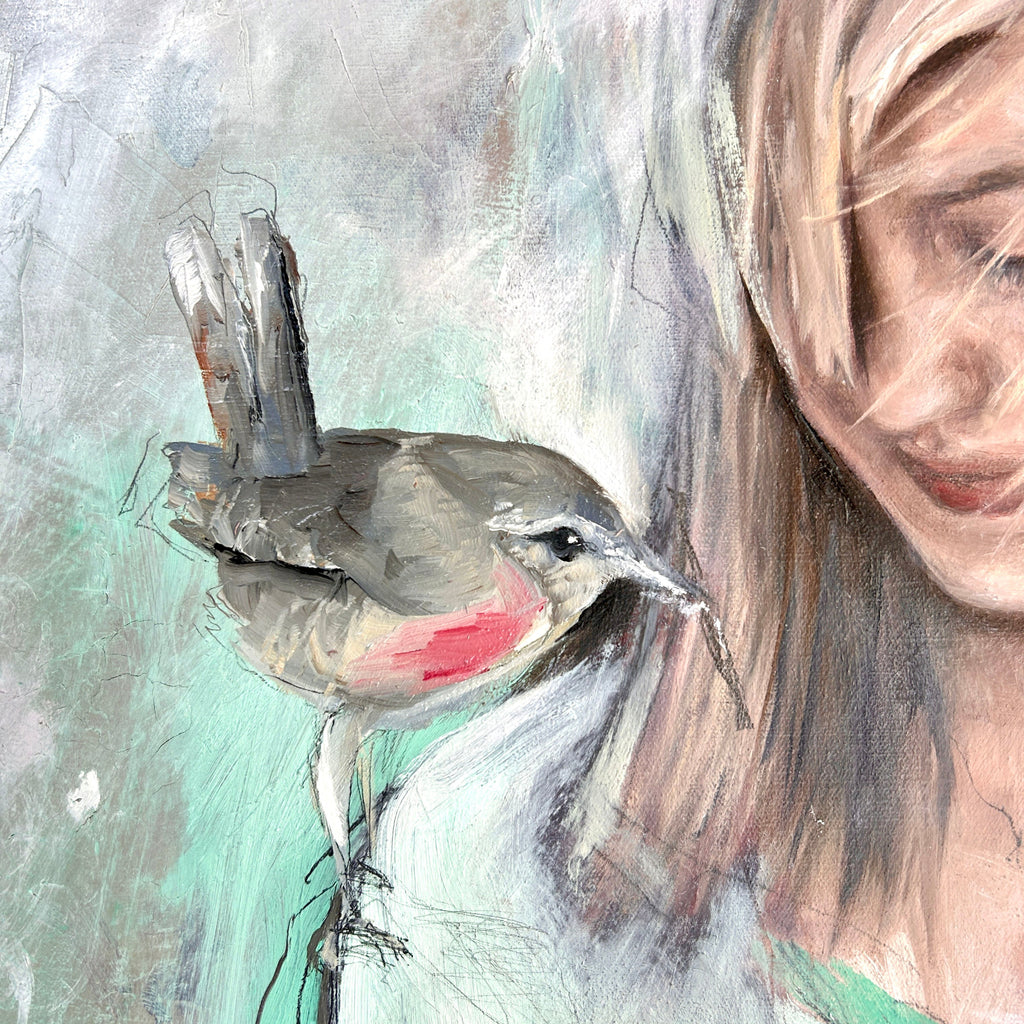 portrait oil painting of bird perched on a girls shoulder with a soft, textured background. close up