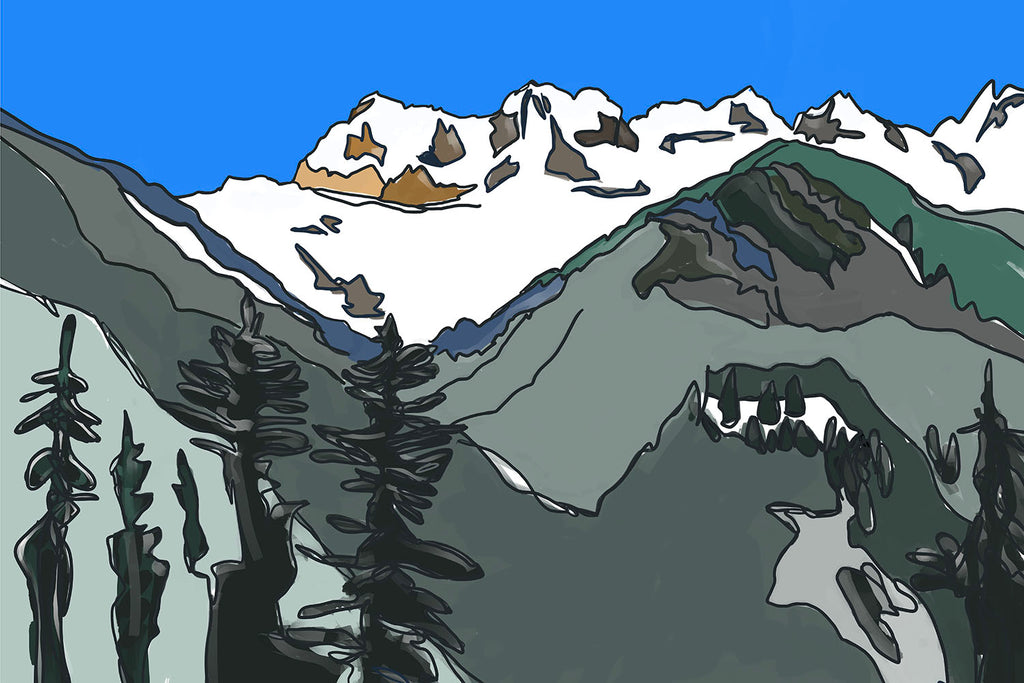 Illustrative snowy mountain landscape print featuring the snow-capped Dents du Midi range above a valley of dark pine trees, set against a bright blue sky.