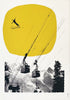 A screen print featuring a skier jumping against a yellow background with a mountainous landscape.