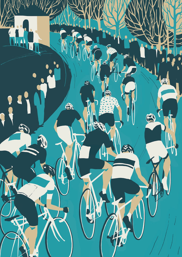Illustration of a bicycle race with cyclists  going uphill on a teal background