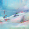 A digital artwork depicting a chairlift in a mountainous landscape with a soft, abstract style in shades of blue, green, pink, and white.