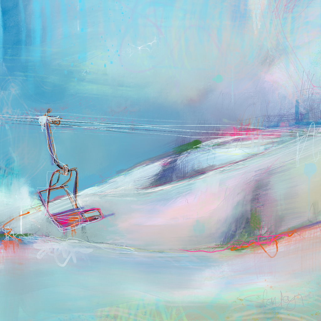 A digital artwork depicting a chairlift in a mountainous landscape with a soft, abstract style in shades of blue, green, pink, and white.