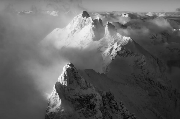 atmospheric black and white photo of the Dents to Midi from above. 