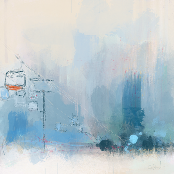 soft figurative painting of chairlifts in a snowy ski resort in gentle blues and greys.