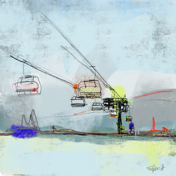 A digital artwork depicting a stylised mountain landscape with a focus on a chairlift system, rendered in a contemporary artistic style in greys and neon yellow pops.