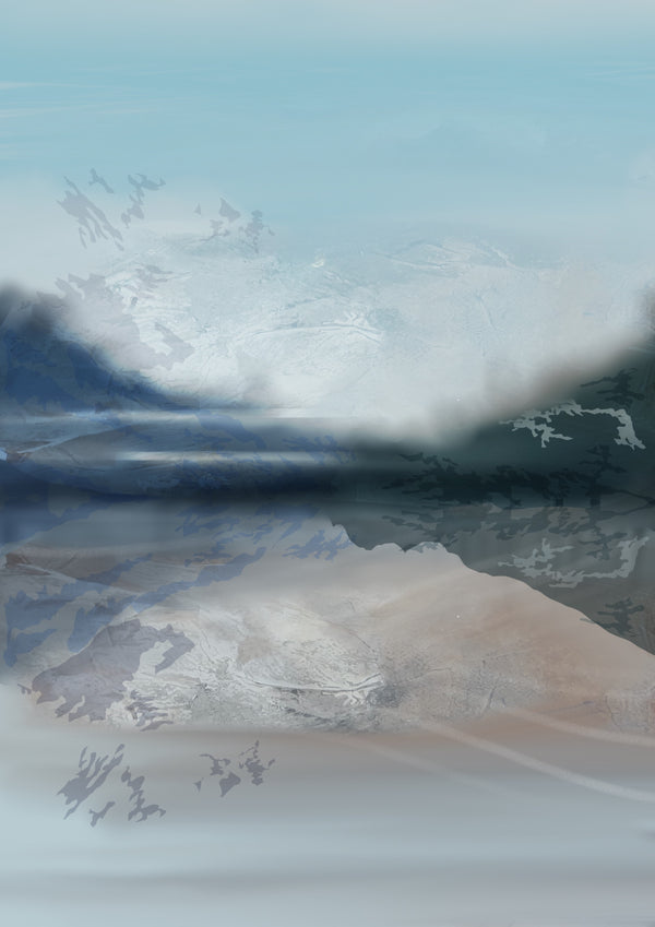 A neutral mountain lake artwork of Lac Montriond with a blue, beige and grey colour palette.