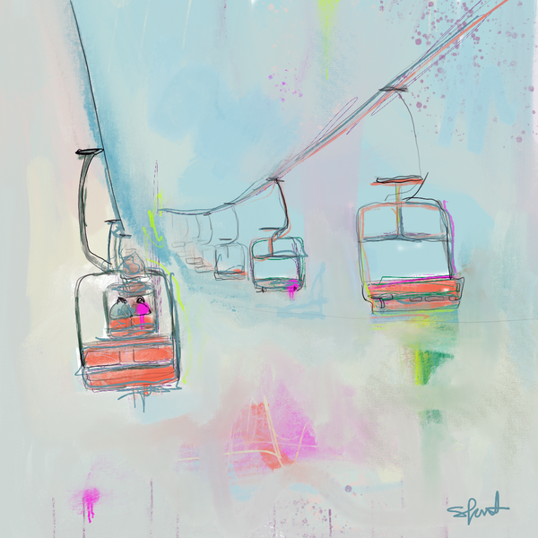 figurative ski prints in soft colours featuring a chairlift in a snowy setting