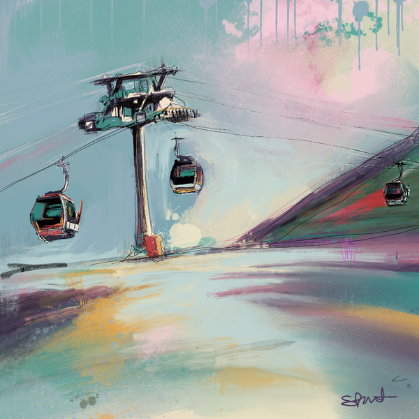 ski resort wall art featuring a chairlift against a colourful backdrop
