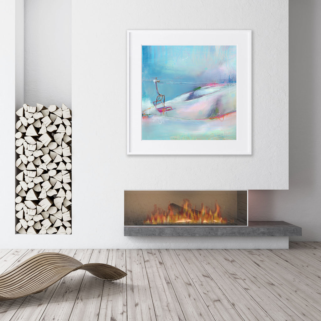 A chairlift artwork depicting a chairlift in a mountainous landscape with a soft, abstract style in shades of blue, green, pink, and white in a lounge above a fireplace. 

