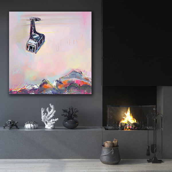 digital ski artwork showing a cable car above colourful mountain peaks in a dark grey living room 