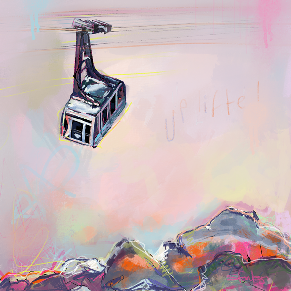 digital ski artwork showing a cable car above colourful mountain peaks with a pink background