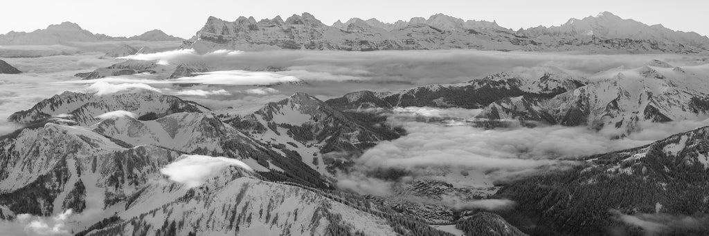 panoramic black and white mountain photo showing Châtel and Dents Du Midi in the alps 