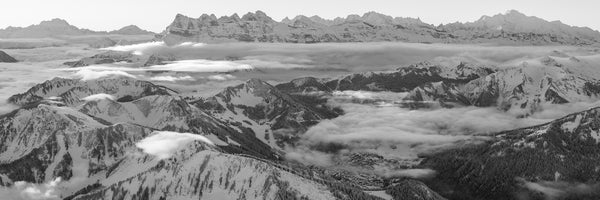 panoramic black and white mountain photo showing Châtel and Dents Du Midi in the alps 