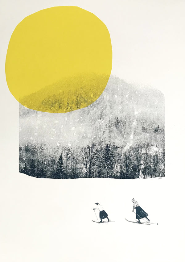 2 cross country skiers against a mountain backdrop and huge yellow sun