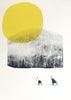 2 cross country skiers against a mountain backdrop and huge yellow sun