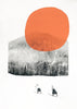 retro ski art print with 2 cross country skiers in the mountains with a huge orange sun