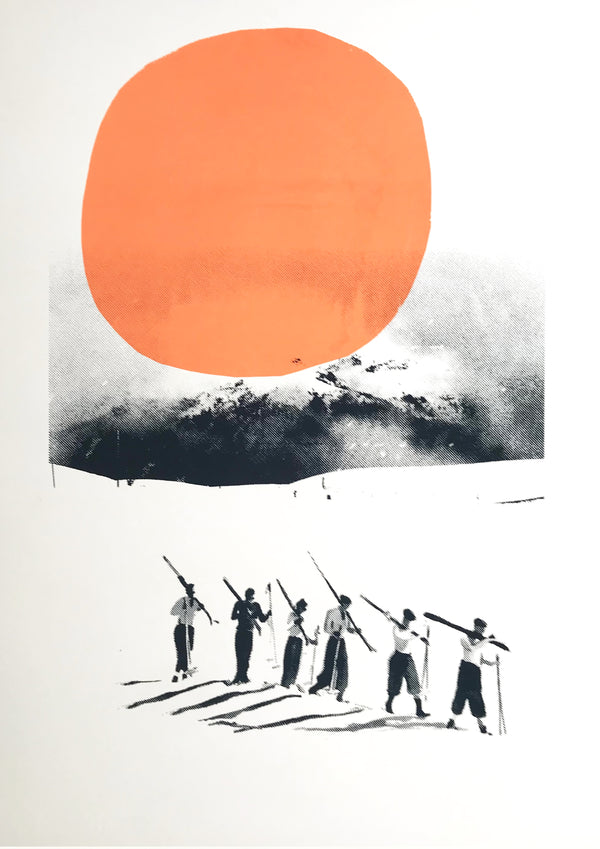 vintage ski poster style screen print with people skiiing against an orange ski and mountains in the background