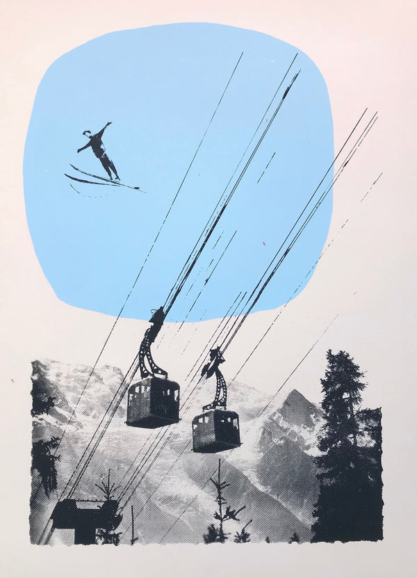 a retro sky poster style screen print showing a ski jumper and cable cars on a mountain backdrop with blue sky