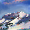 modern mountain art painting of the dents du midi in bright colours and layers of texture.