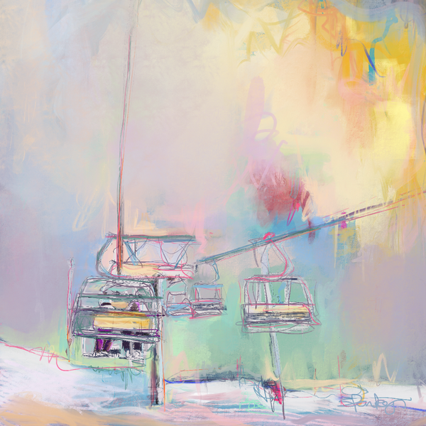 colourful figurative painting ski art print depicting chair lifts