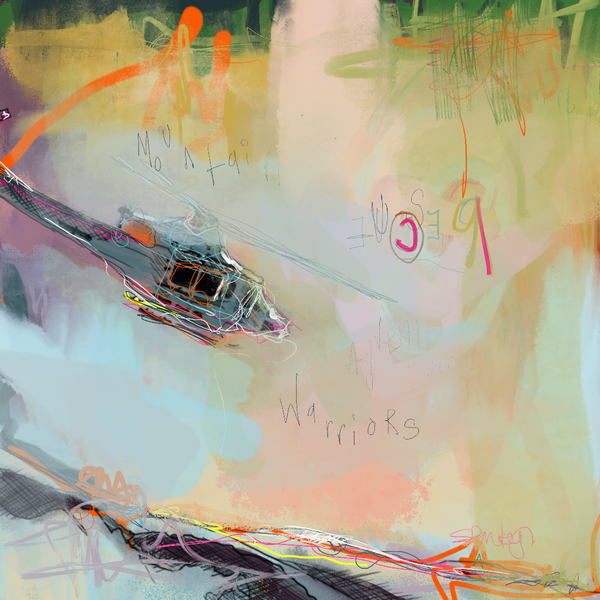 colourful graffiti stye art print of a helicopter over the mountains